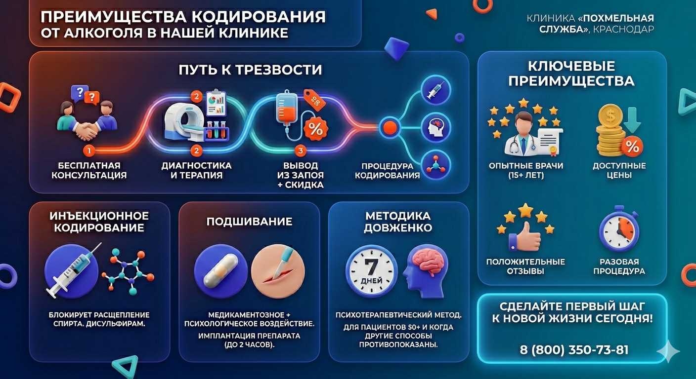 Инфографика о методах кодирования от алкоголя в Кизилюрте: инъекции, подшивание, метод Довженко. Преимущества клиники и этапы лечения.
